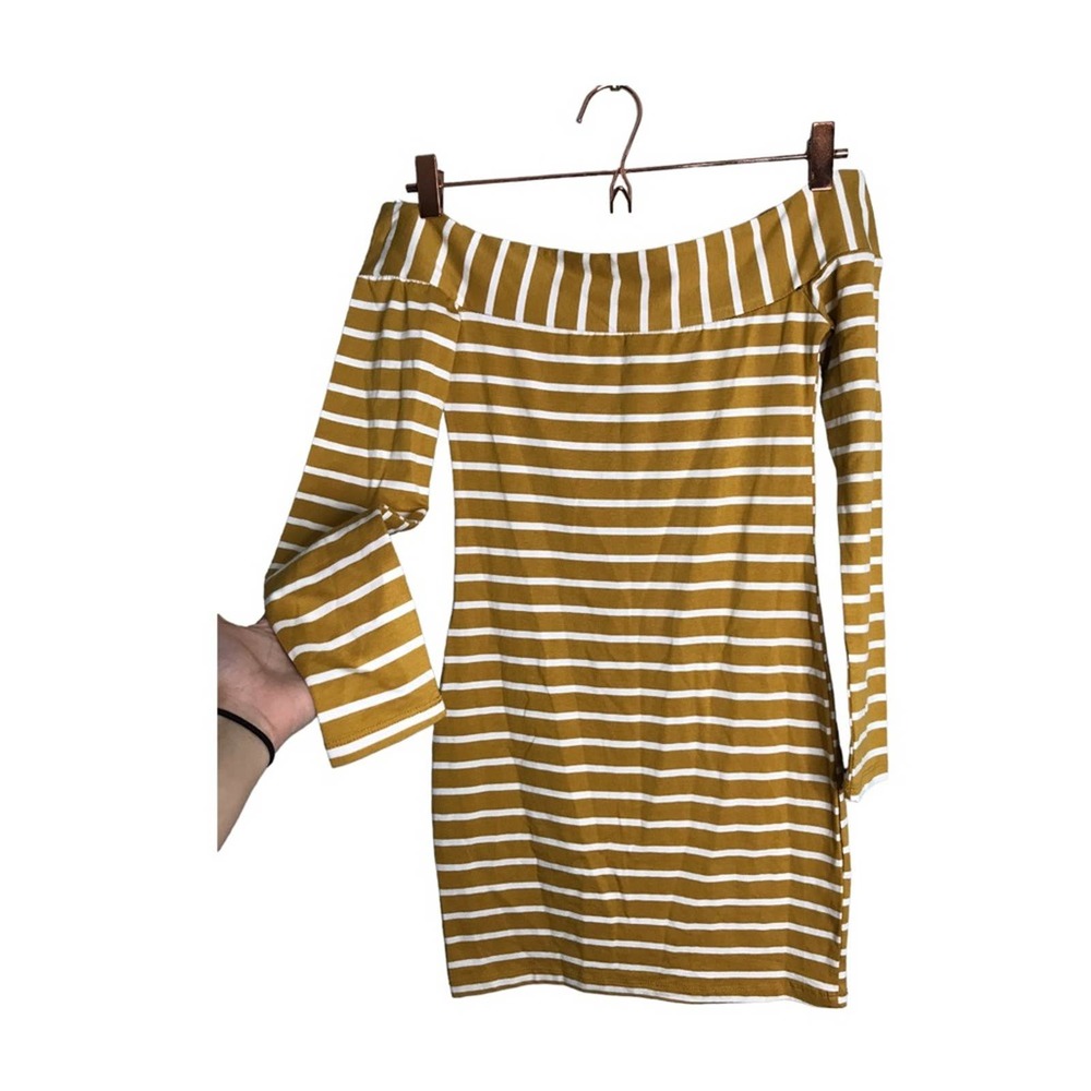Heart & Hips | Mustard yellow & white stripe off shoulder Bodycon mini dress •